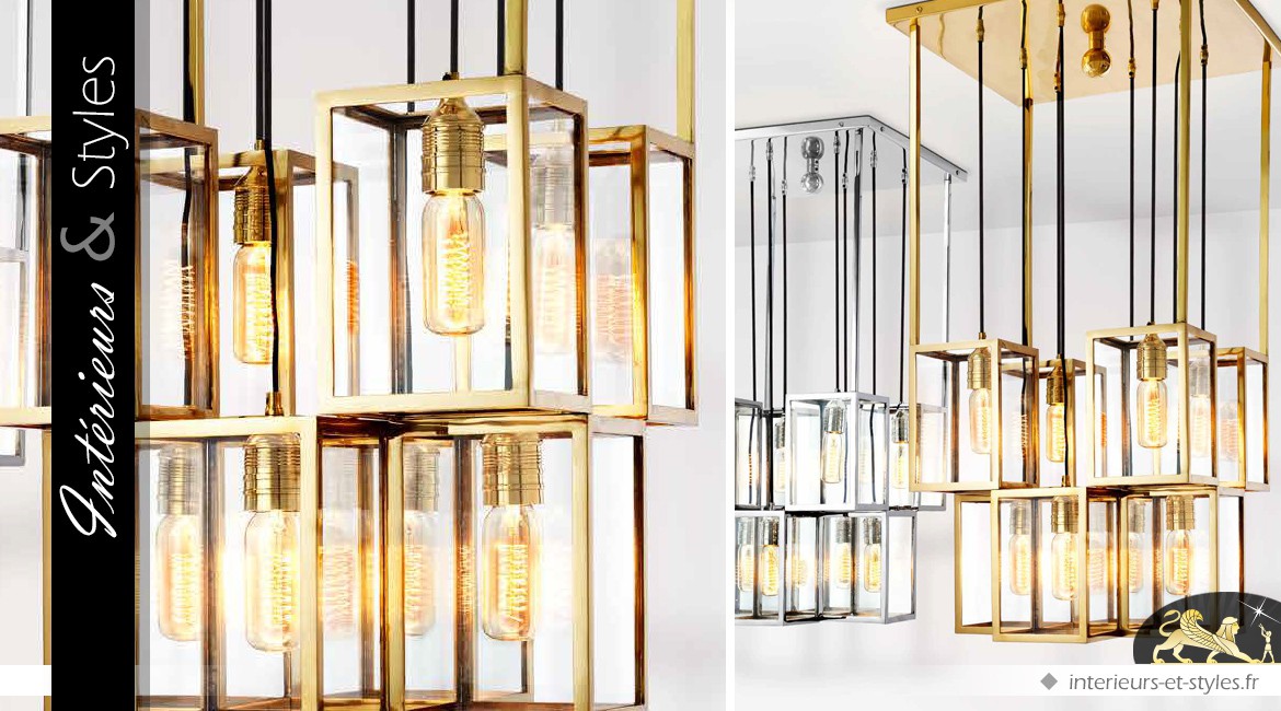 Grand luminaire design à 8 lanternes dorées suspendues
