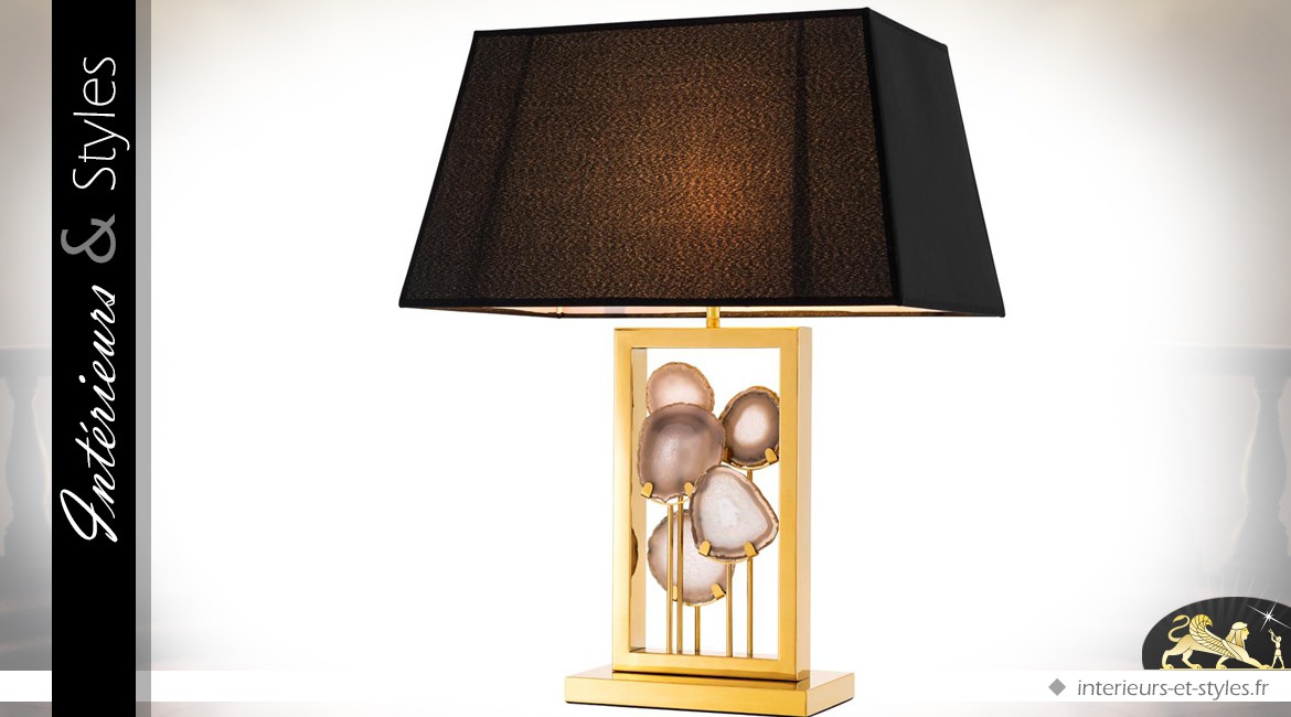Lampe design avec encadement doré et pierre d'agate 66 cm