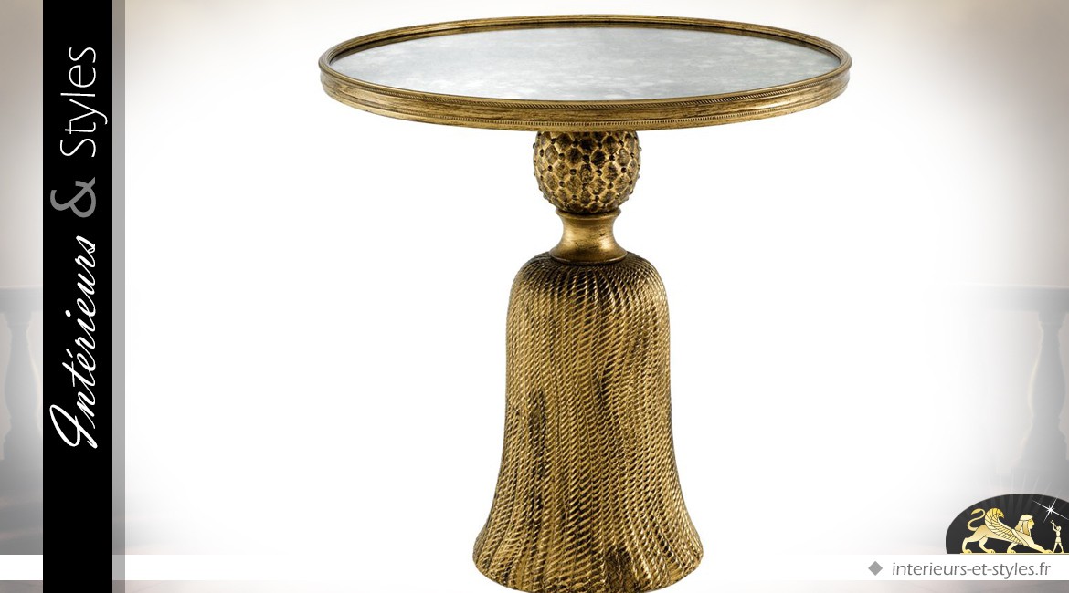 Bout de canapé métal doré en large houppe et miroir circulaire