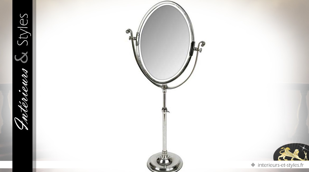 Grand miroir ovale sur pied finition argentée 110 cm