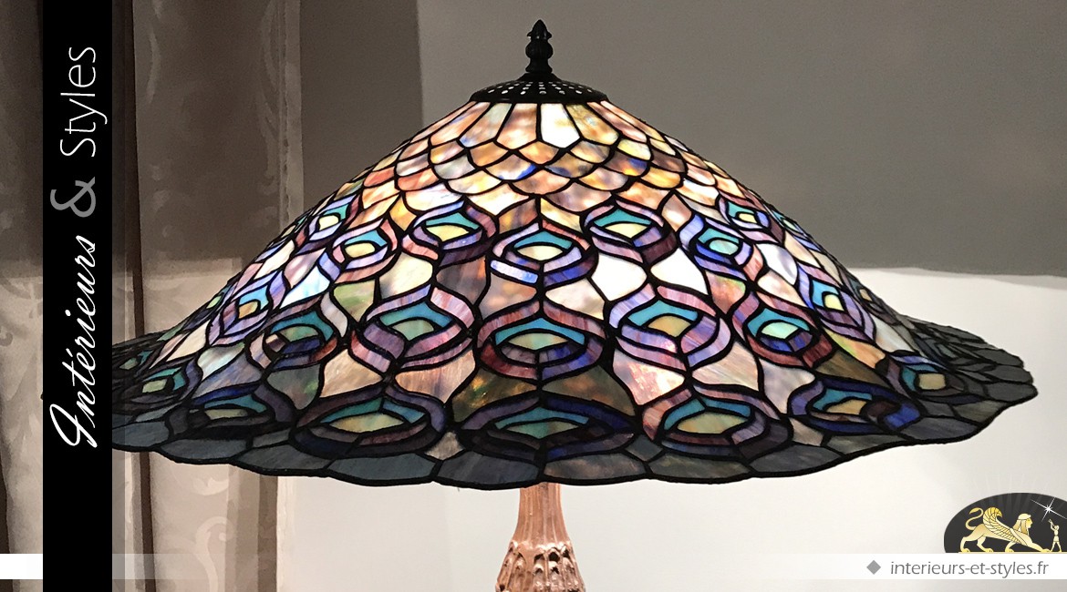 Lampe de prestige Tiffany : le paon crépusculaire Ø 68cm