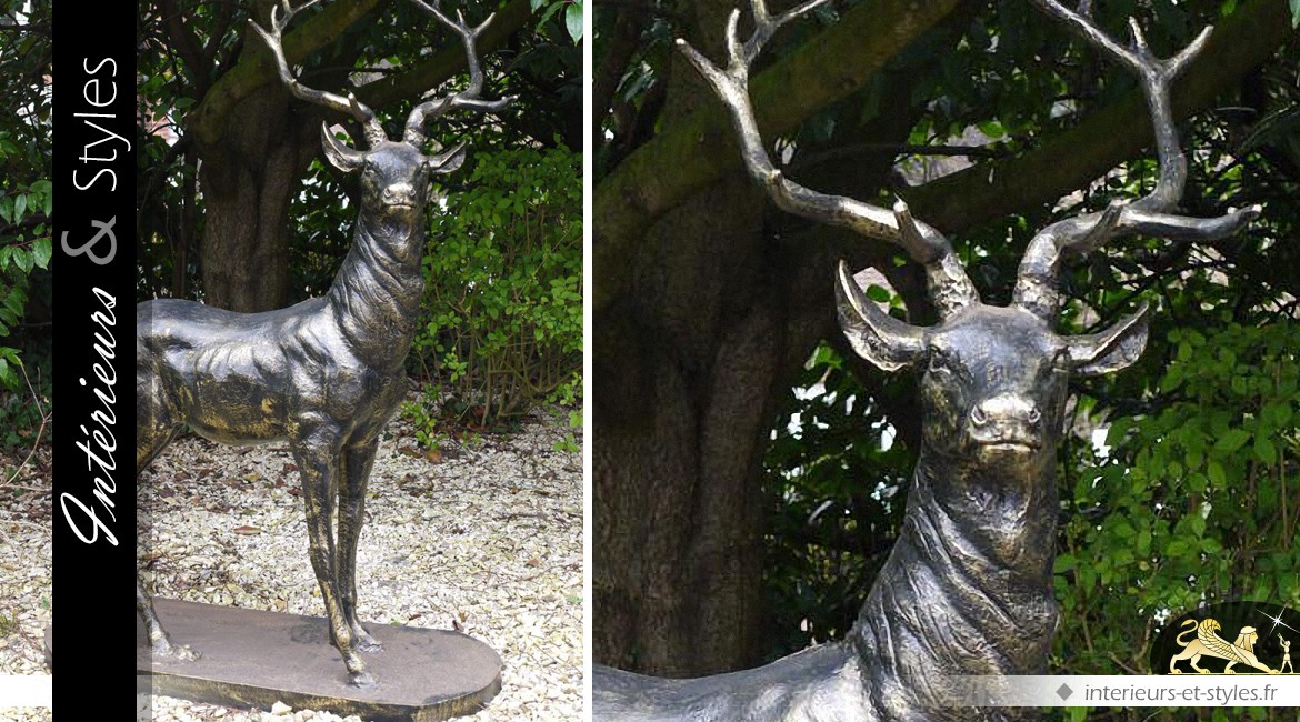 Sculpture animalière d'un cerf finition bronze vieilli
