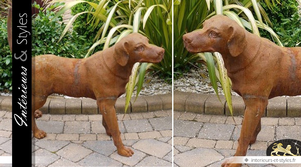 Sculpture animalière chien de chasse patine oxydée