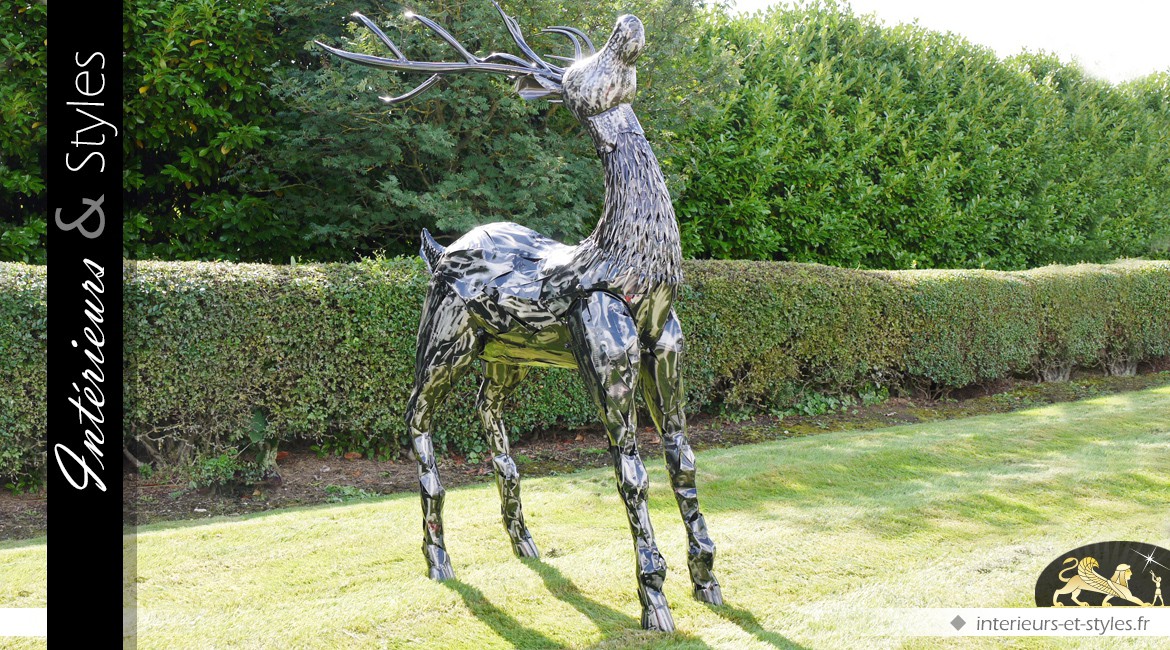 Sculpture cerf en métal finition argentée 165 cm