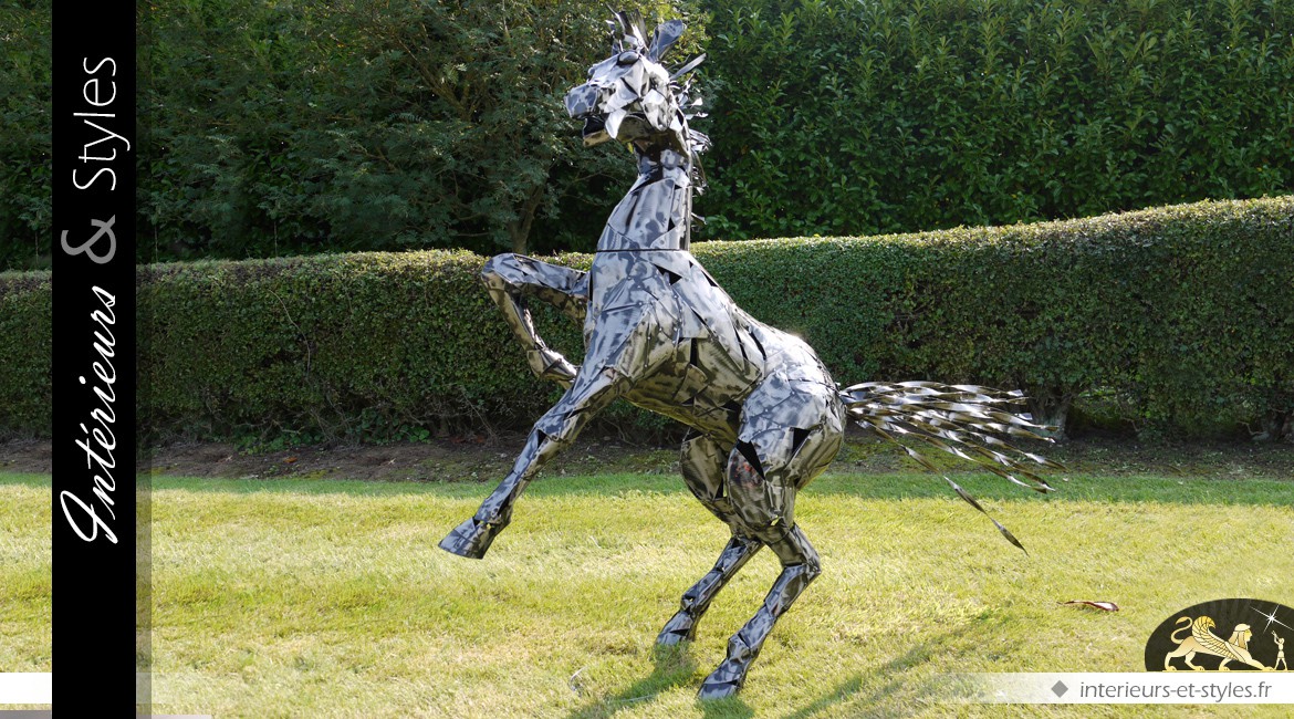 Sculpture en métal cheval cabré argenté 125 cm