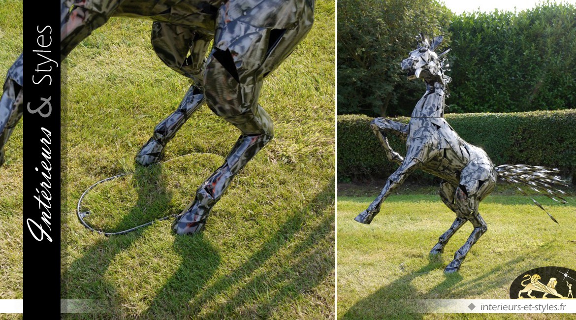 Sculpture en métal cheval cabré argenté 125 cm