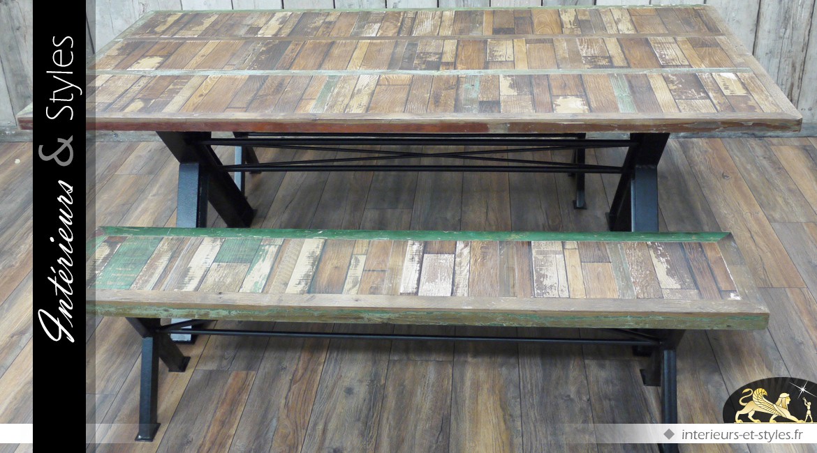 Table SAM effet bois recyclé et métal massif avec 2 bancs assorits