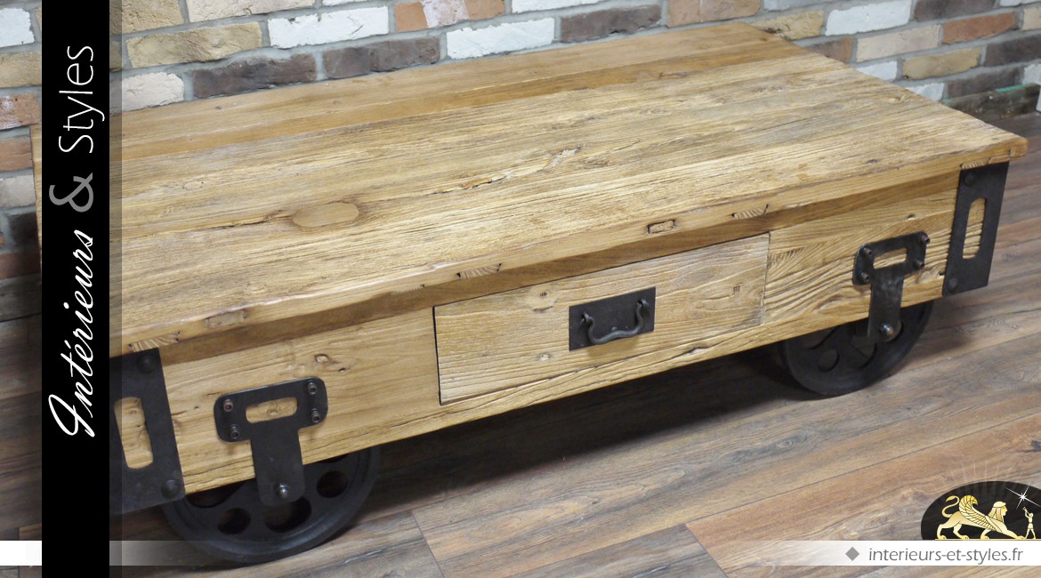 Table basse wagonnet en bois et en métal
