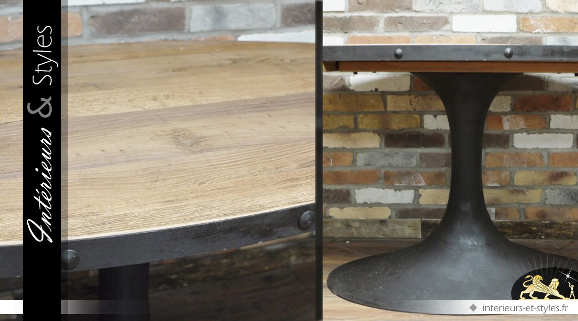 Table industrielle de forme ovale en bois et en métal