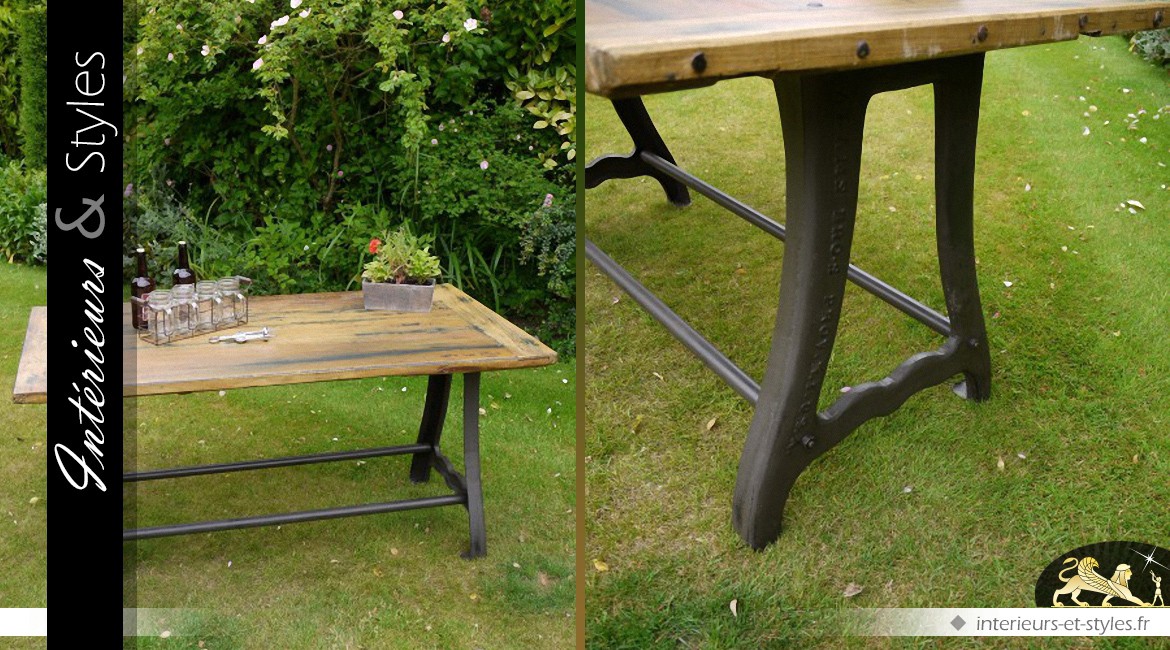 Table style industriel bois massif piètement acier et fer forgé