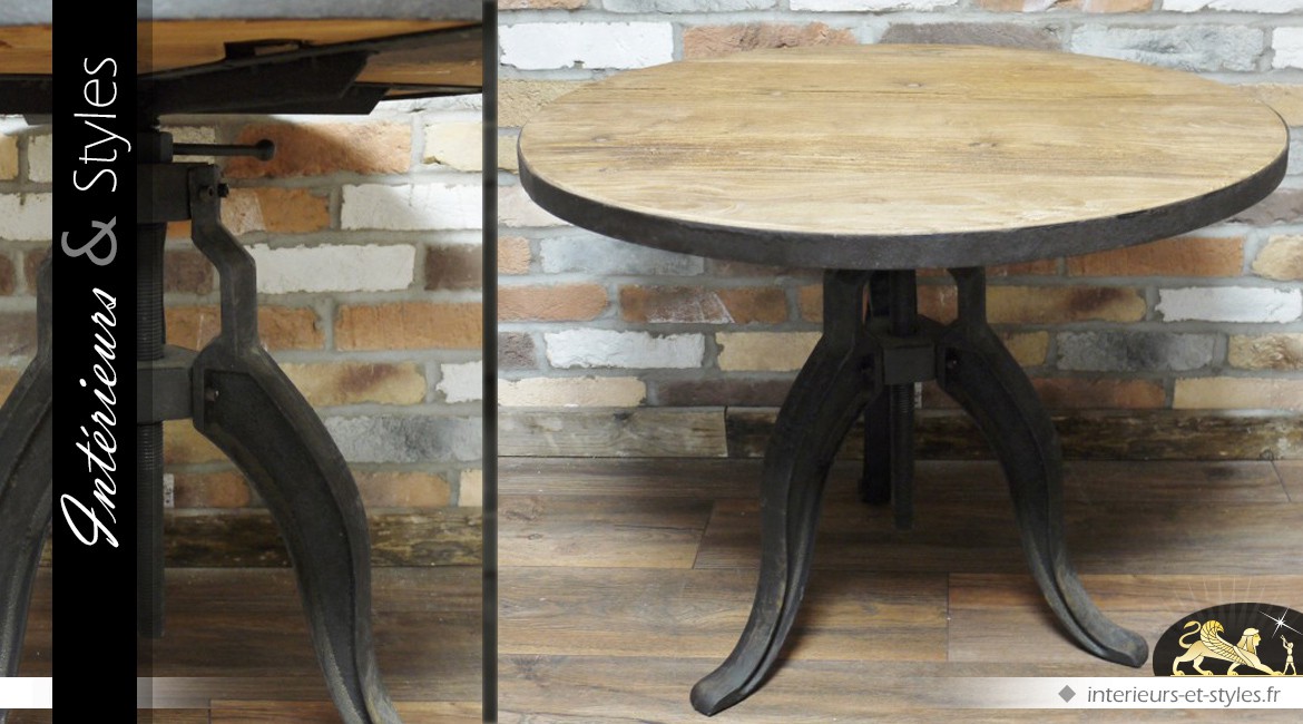 Table ronde de style indus en bois et en métal