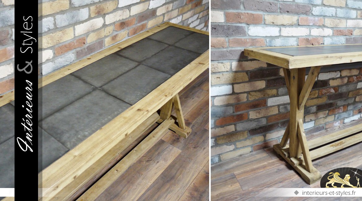 Grande table de style industriel en bois massif et métal vieilli 200 cm
