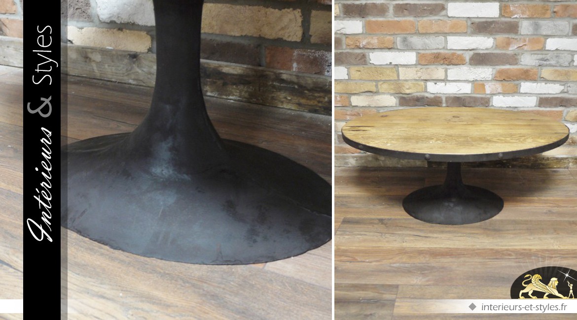 Table basse ovale de style rétro et indus en bois et métal