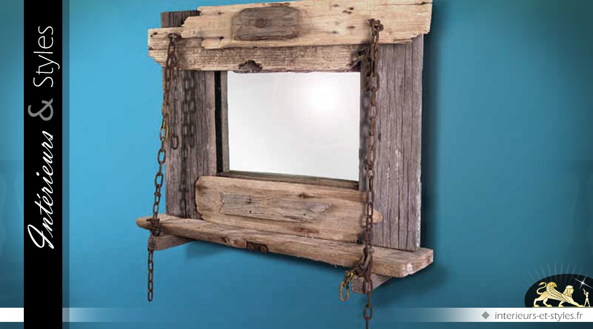 Miroir style brocante en bois flotté 100 x 82 cm