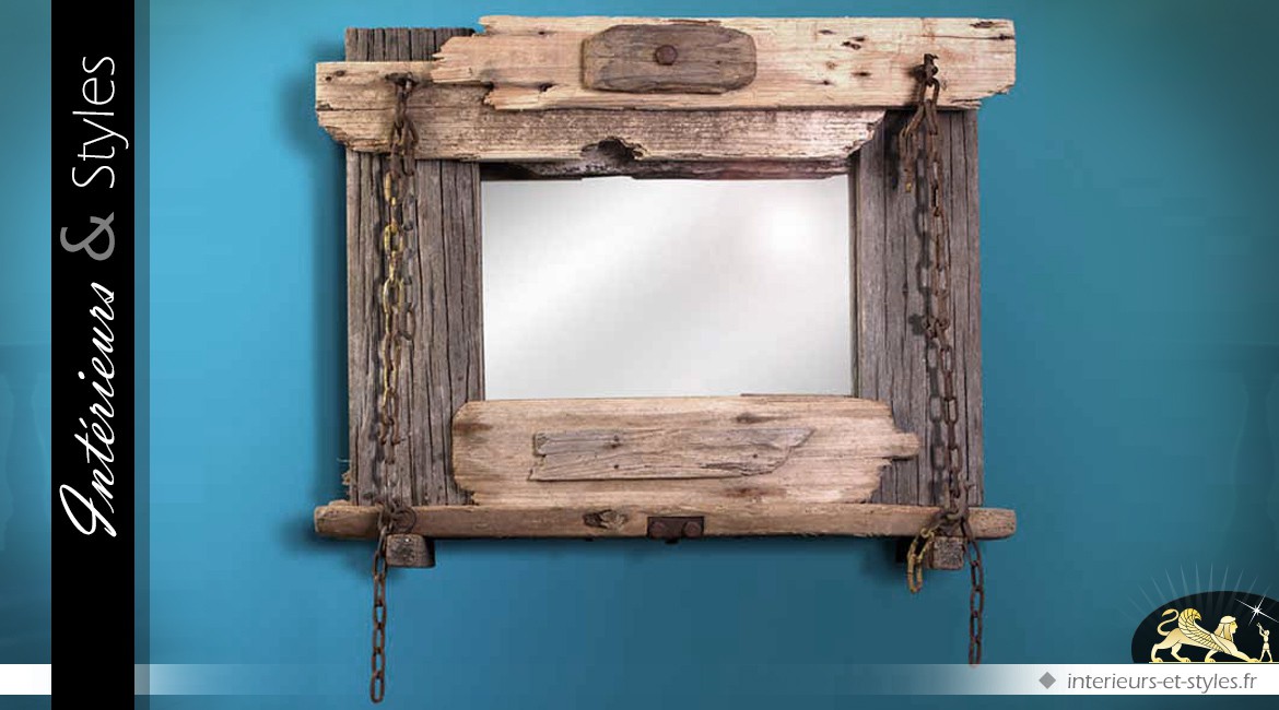 Miroir style brocante en bois flotté 100 x 82 cm