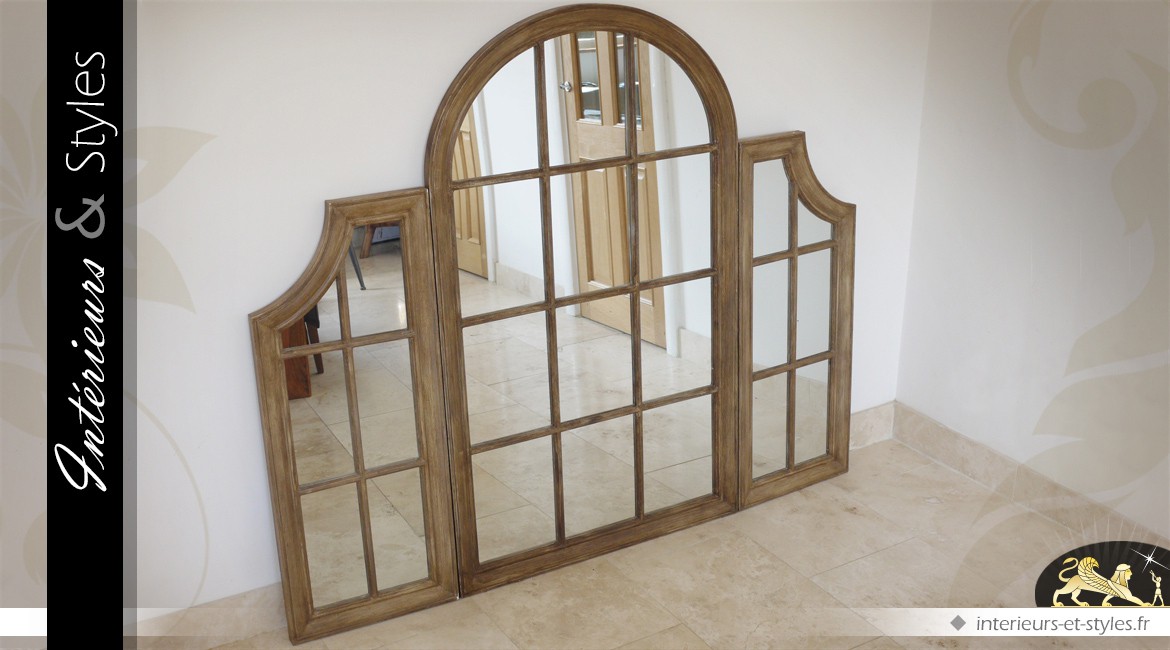 Miroir-fenêtre à 3 pans de style ancien finition bois ciré