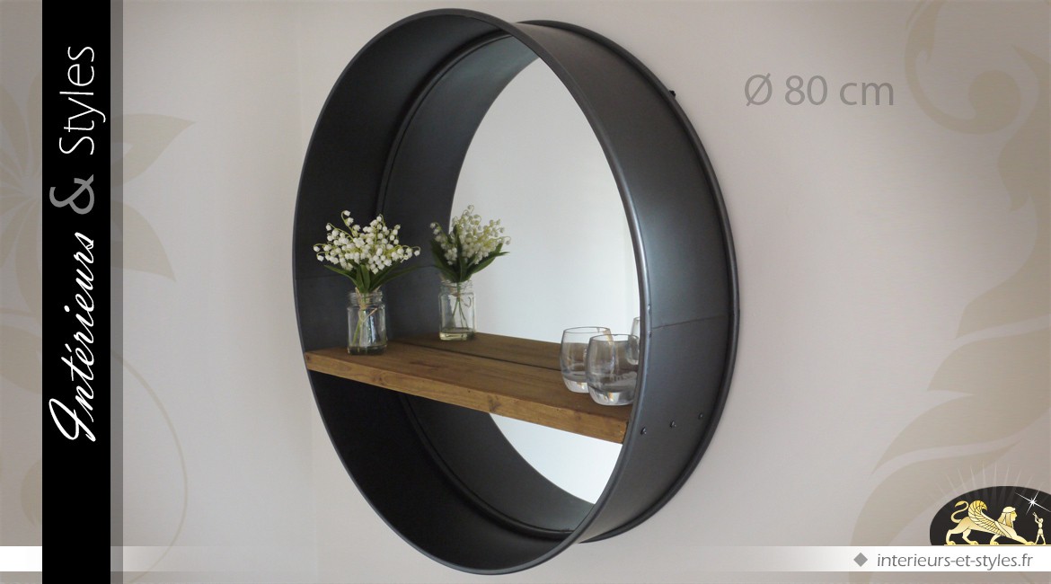 Grand miroir rond Ø 80 cm rétro et industriel bois et métal