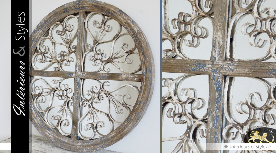 Grand miroir rond rustique et brocante bois et métal Ø 72 cm