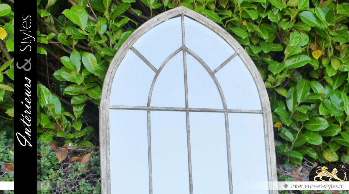 Grand miroir-fenêtre en bois vieilli 169 cm