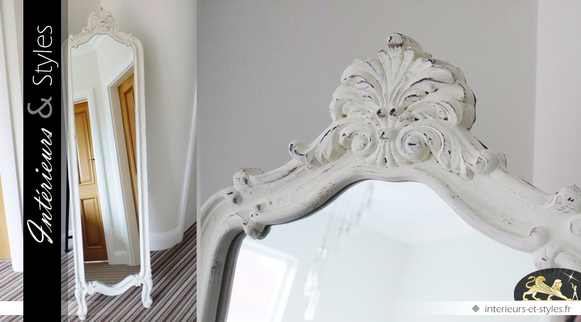 Miroir psyché de style baroque finition blanche vieillie 160 cm