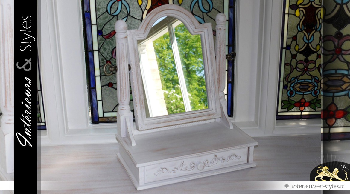 Miroir de coiffeuse chevalet blanc antique 41 cm