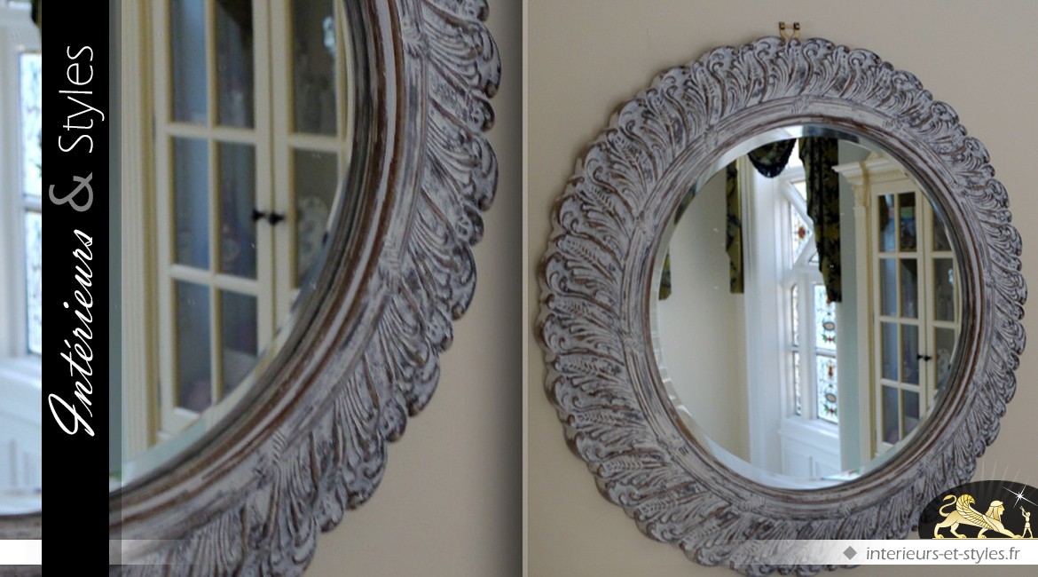 Miroir rond Shabby chic blanchi Ø 60 cm