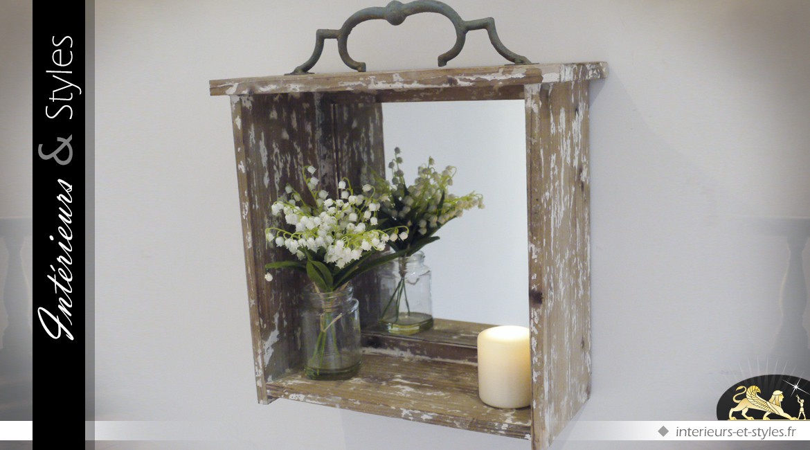 Miroir étagère en bois de style rustique 45 cm