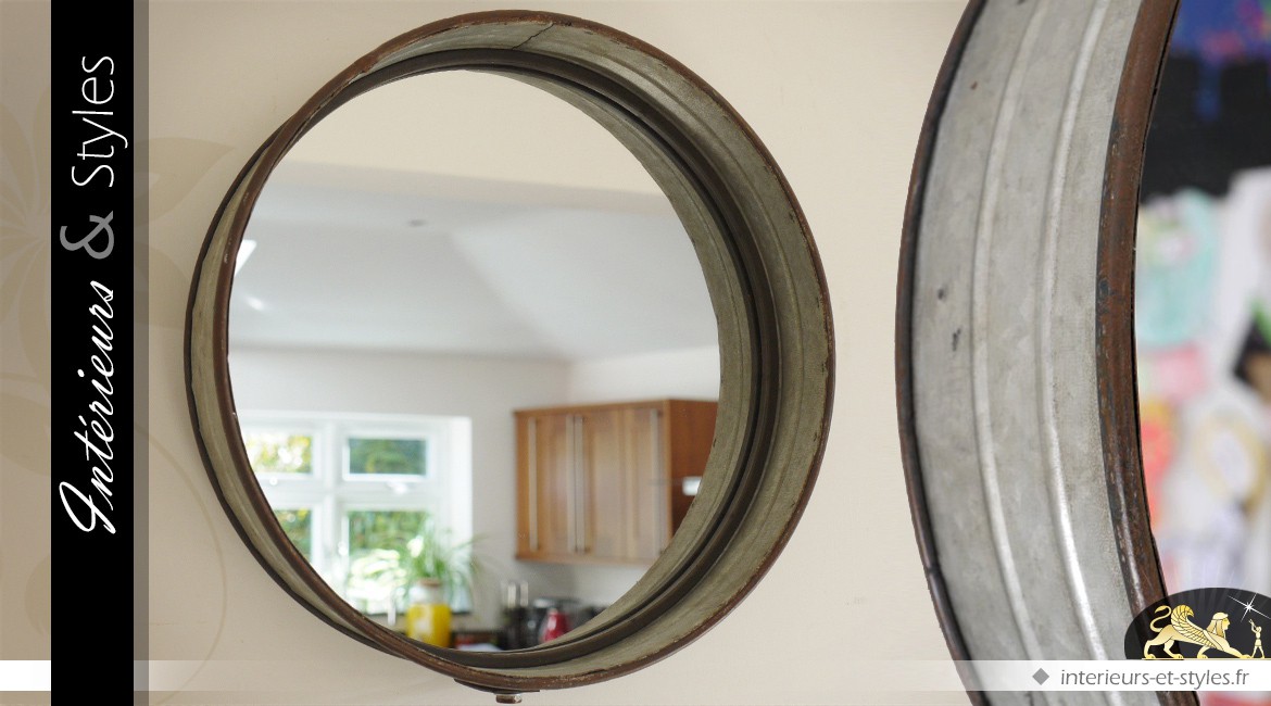 Miroir rond en métal galvanisé gris de style industriel Ø 40 cm