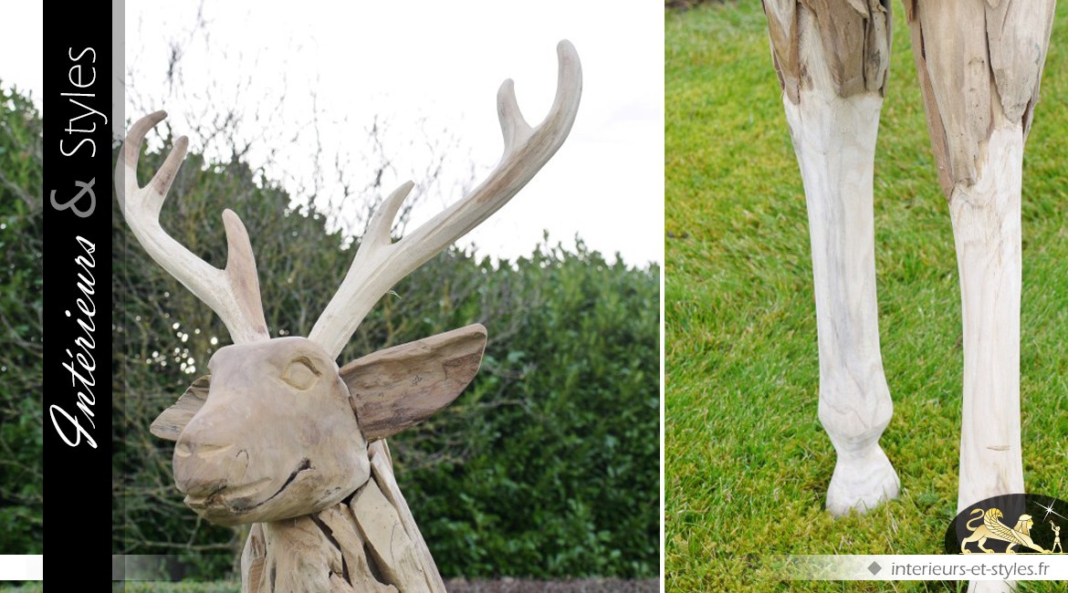 Sculpture artisanale de cerf en bois flotté 147 cm