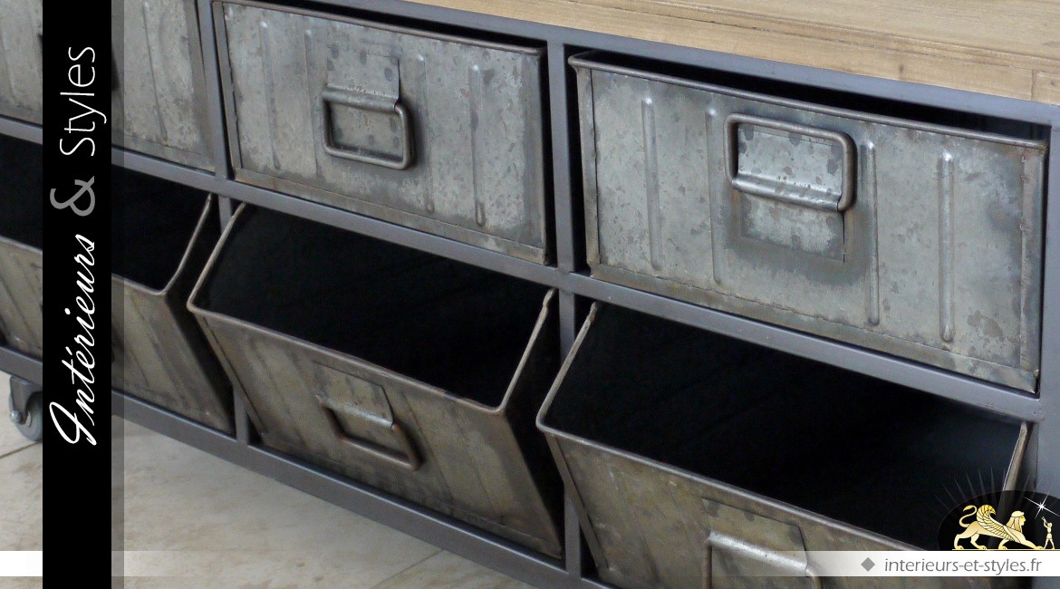 Console de style indus en bois et métal avec 3 bacs et 3 tiroirs