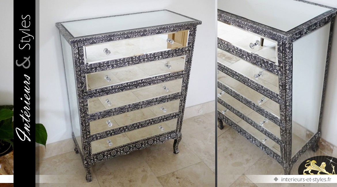 Commode à 5 tiroirs de style marocain avec habillage en miroir