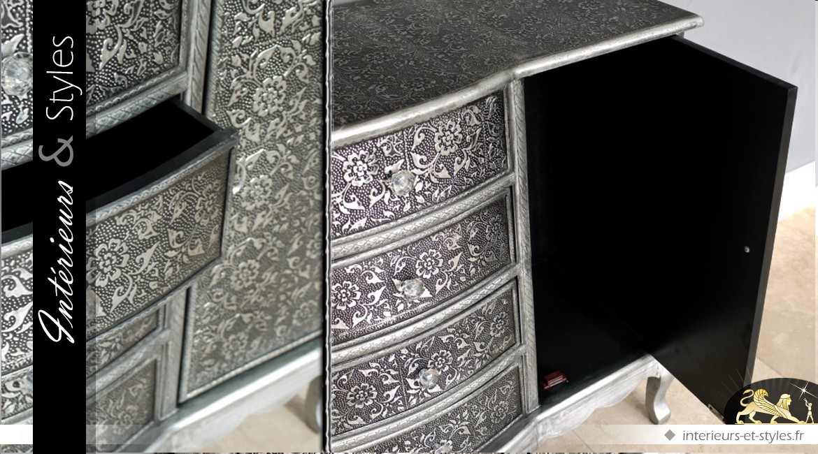 Buffet commode à 4 tiroirs finition métal embossé noir et argent