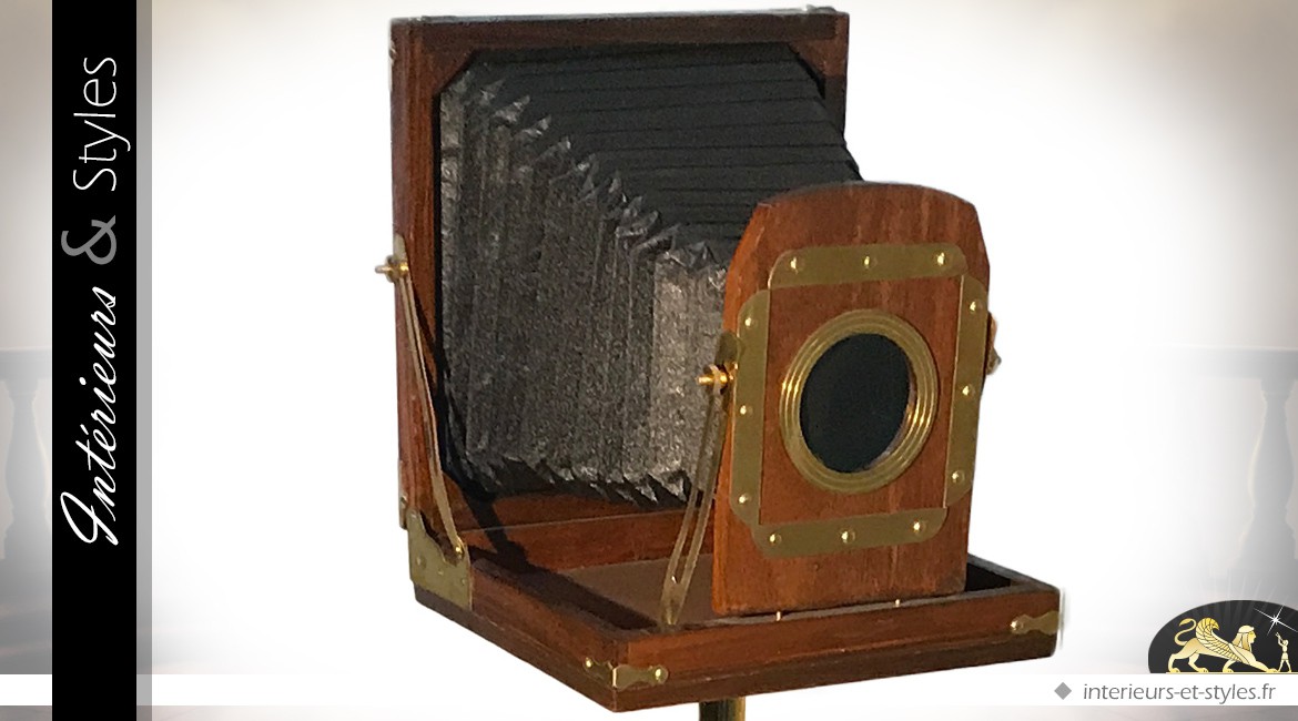 Grand appareil photo à soufflet en bois et laiton (140 cm)