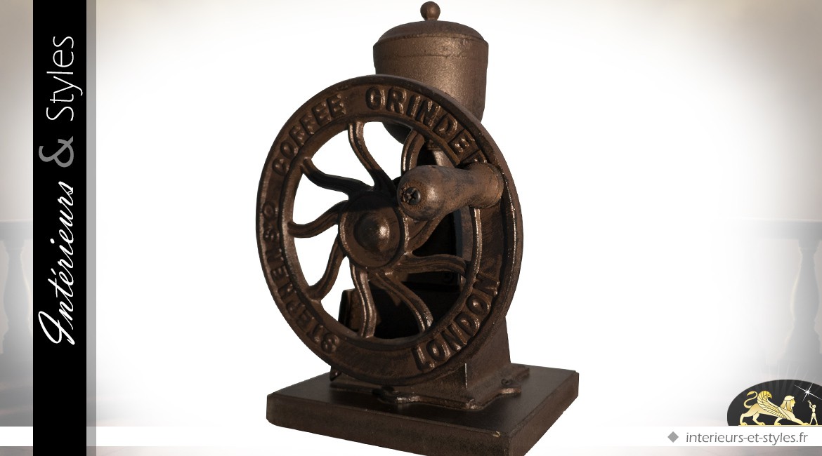 Ancien moulin à café à roue en fonte et bois (28 cm)