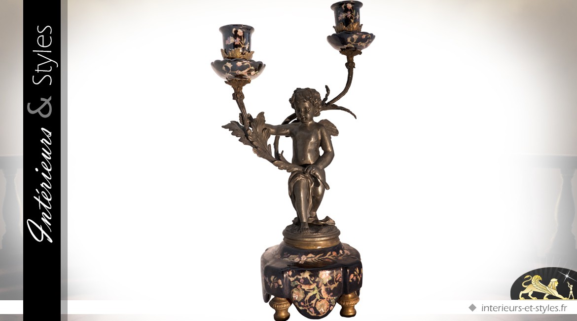 Chandelier à 2 bras ange bronze et porcelaine fleurie (40 cm)