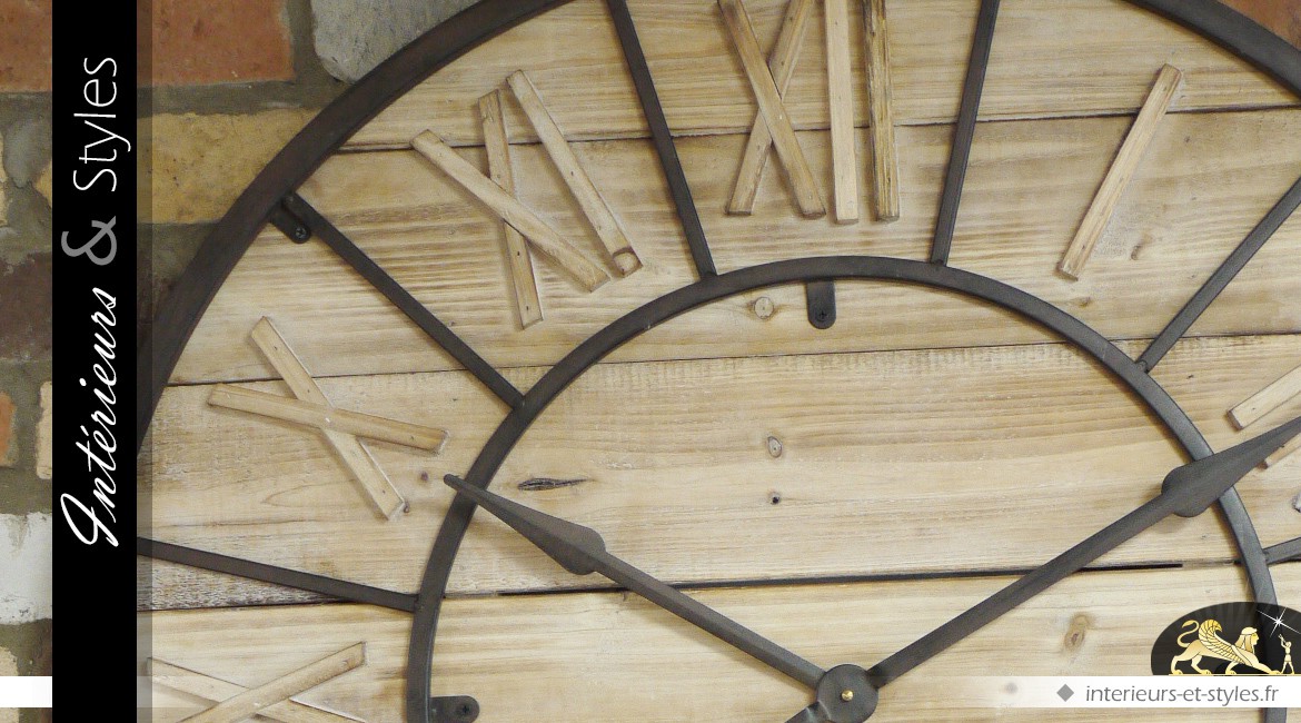 Très grande horloge murale de style industriel bois et métal Ø 90 cm
