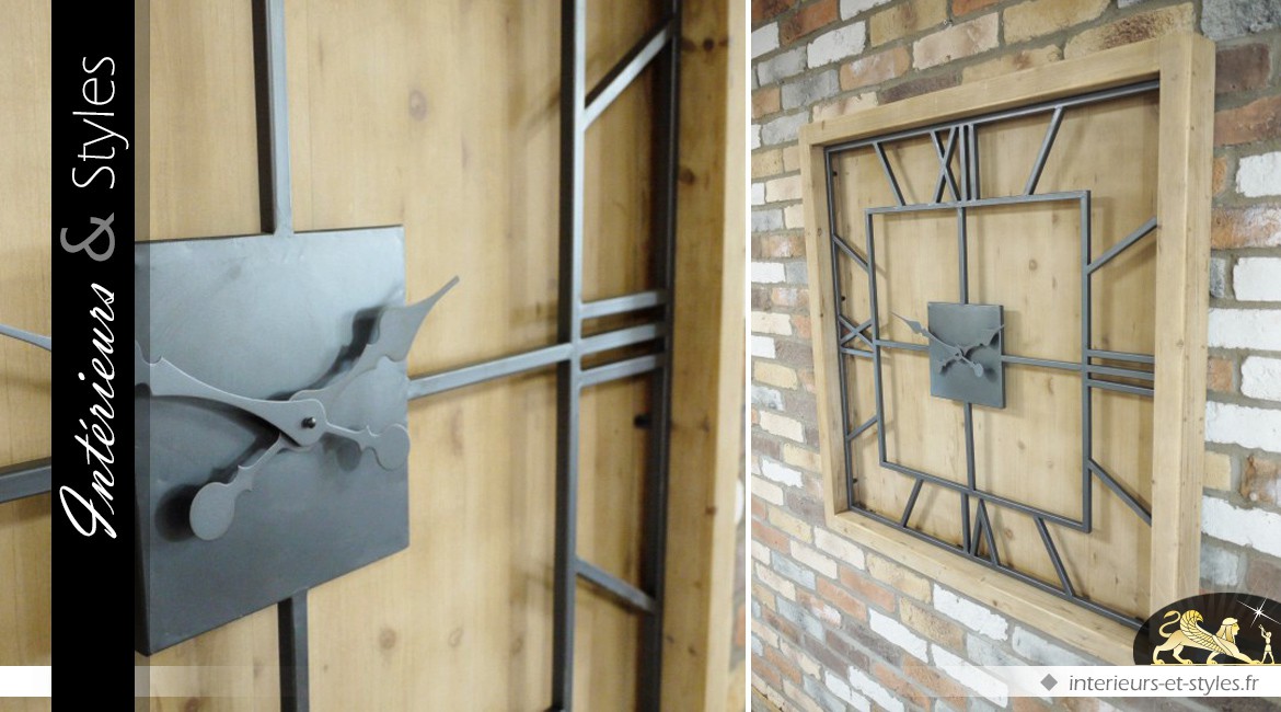 Horloge carrée industrielle en bois et métal 100 x 100 cm