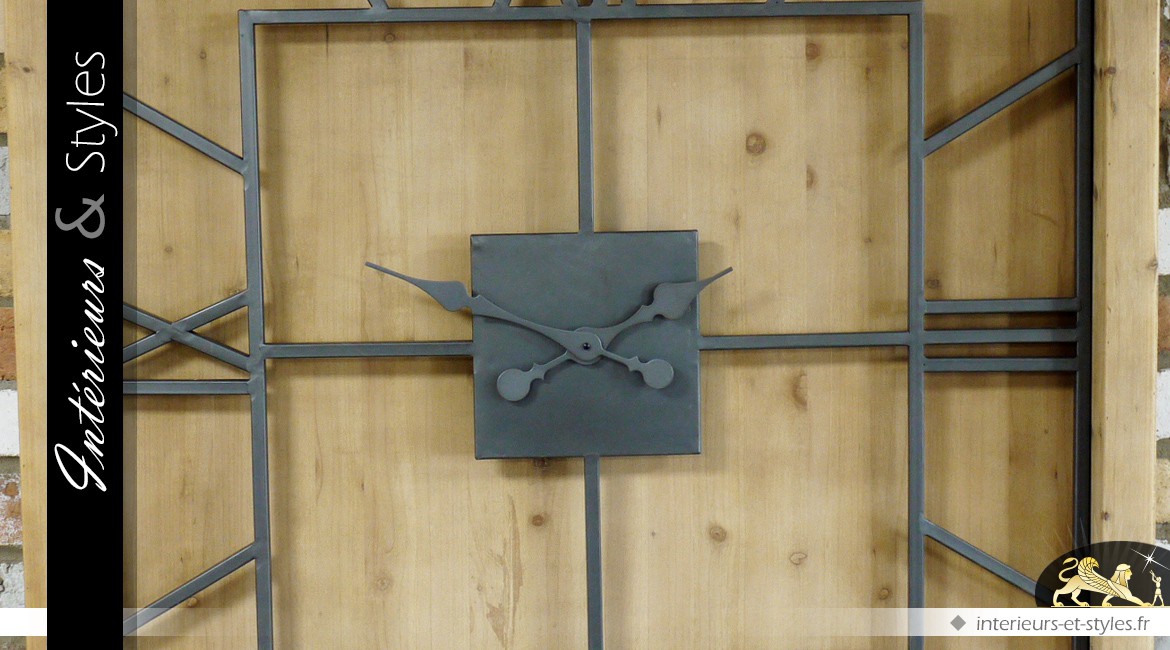 Horloge carrée industrielle en bois et métal 100 x 100 cm