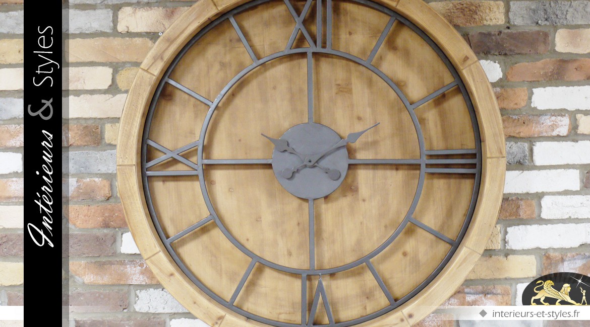 Horloge murale ronde XXL Ø 100 cm de style industriel bois et métal