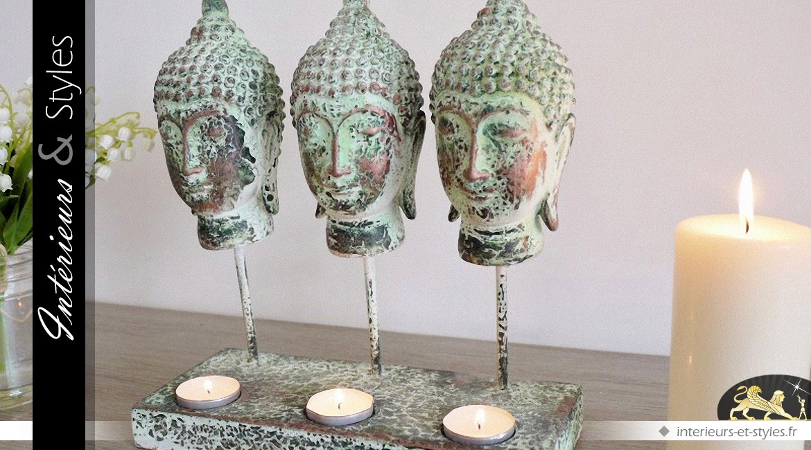 Bougeoir porte-photophores à 3 têtes de bouddhas vert antique