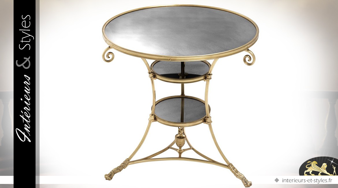 Table D'appoint Gueridon Metal Verre Miroir Salon Style Ancien Vintage Dore