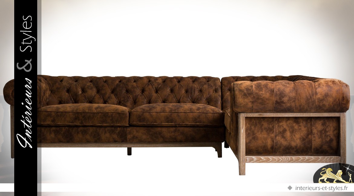 Grand canapé d'angle en cuir marron vieilli et capitonné 289 cm
