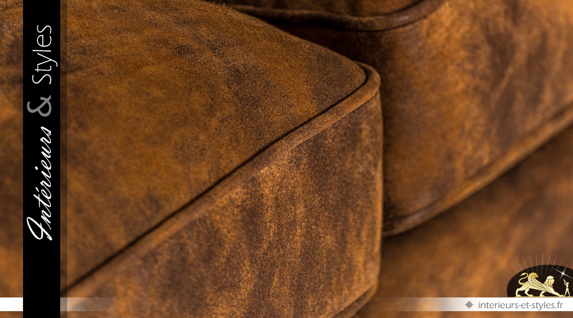 Grand canapé d'angle en cuir marron vieilli et capitonné 289 cm