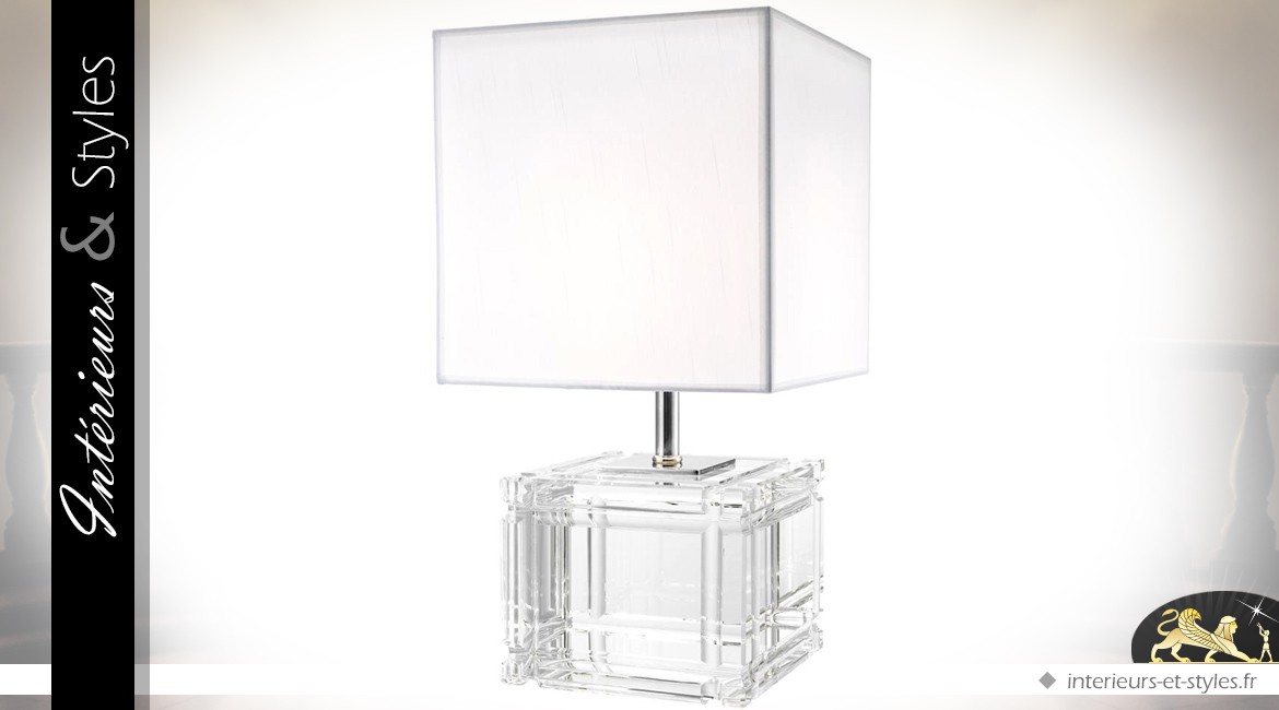 Lampe de prestige avec pied cubique en verre cristallin taillé et abat-jour blanc 57 cm