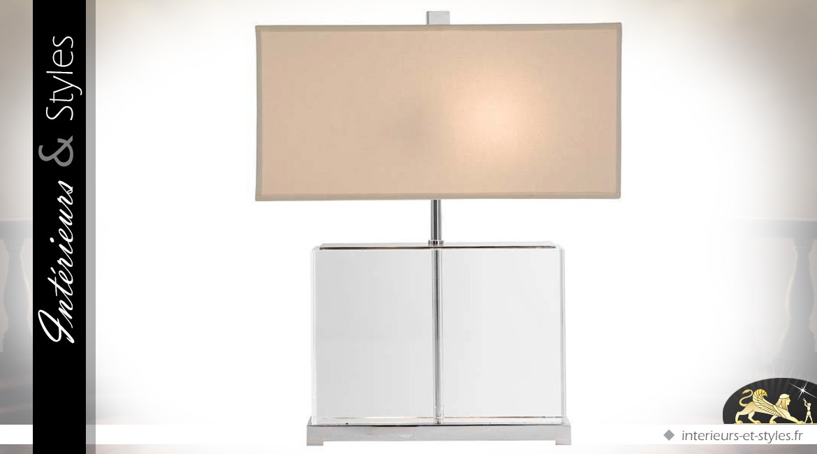 Lampe de salon rectangulaire avec pied en verre cristallin et abat-jour  beige 44 cm