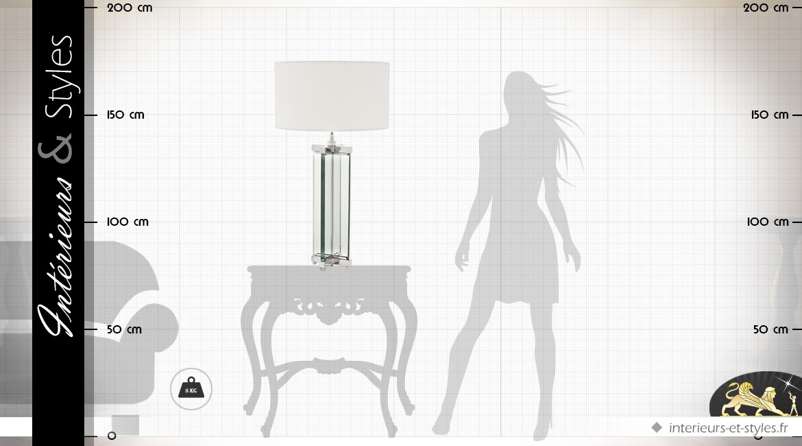 Grande lampe design blanc et argent avec pied profilé en verre et métal 91 cm