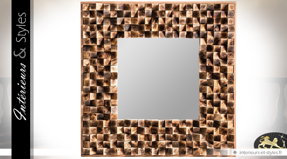 Miroir carré avec encadrement en fin damier de bois tropical 103 x 103 cm