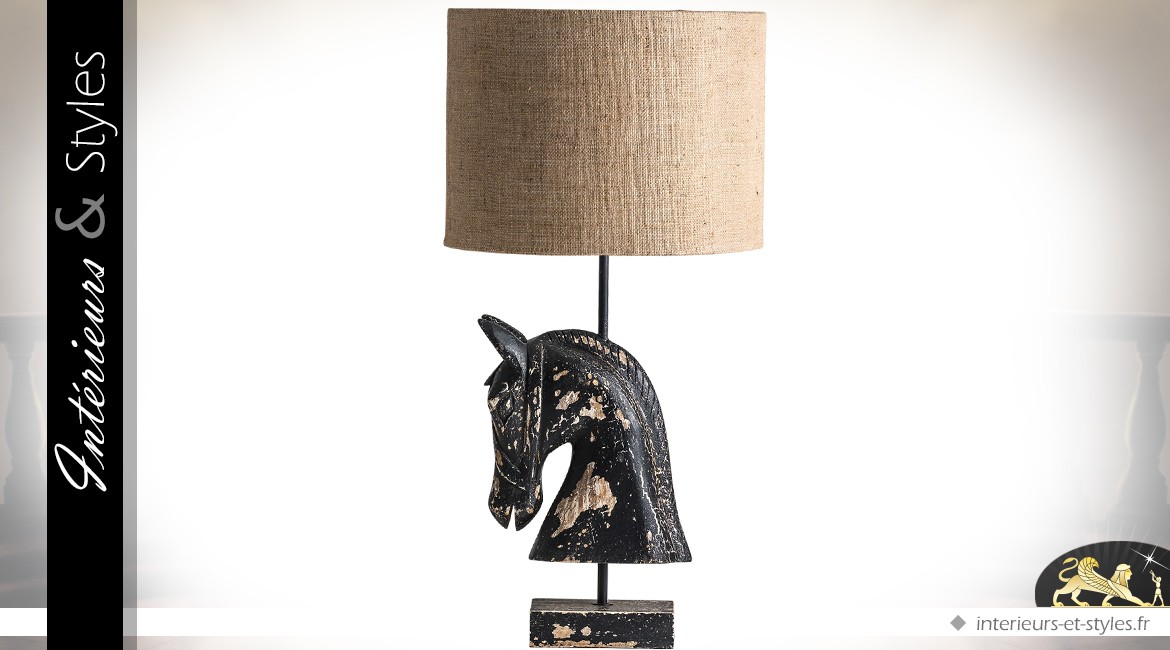 Lampe de salon bois métal et toile de jute sculpture tête de cheval 89 cm