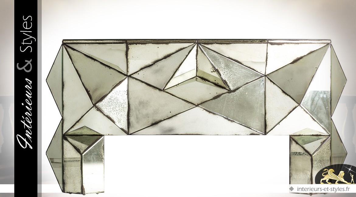 Console Art Déco finition miroir vieilli multifacettes argenté cuivré 150 cm