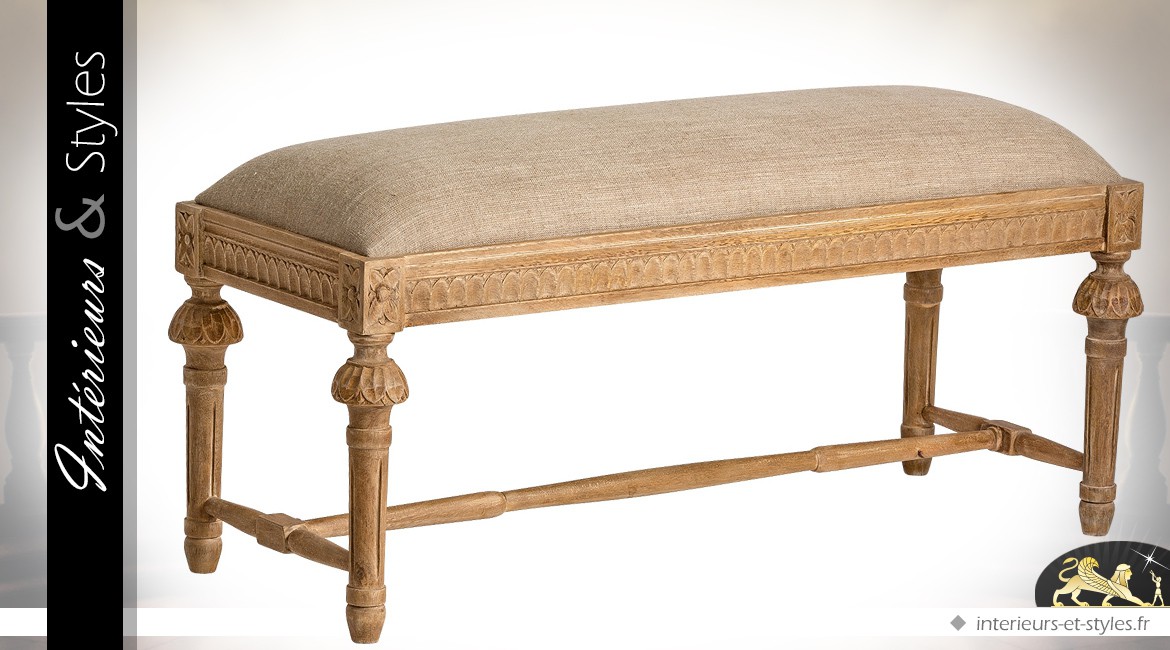 Bout de lit de style Louis XVI en manguier sculpté avec assise en lin écru 100 cm